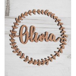 Corona de madera "Nombre" hojas circular