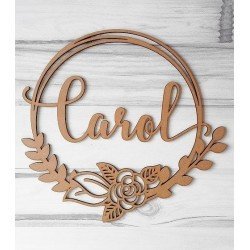 Corona de madera "Nombre" flor y hojas