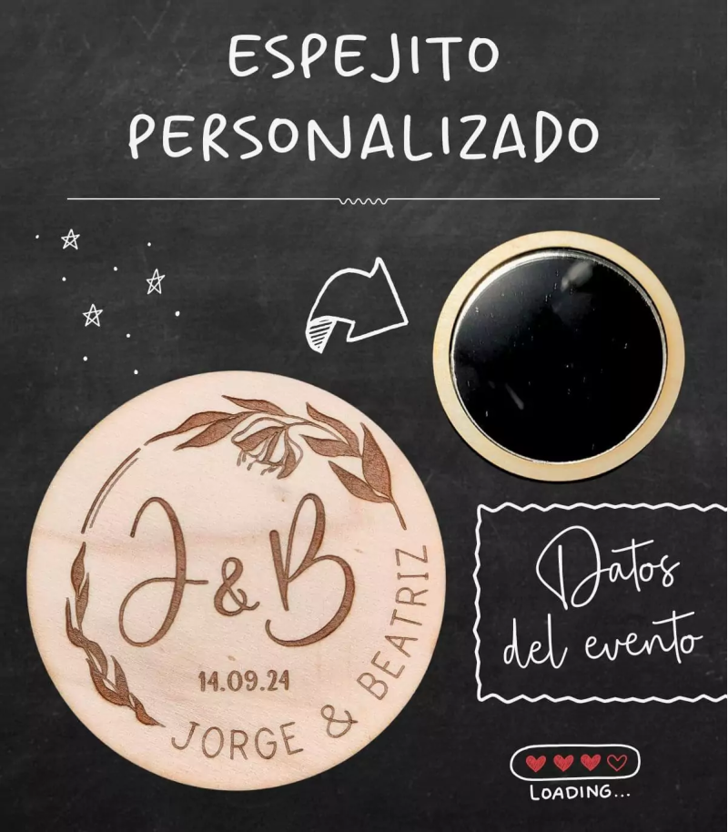 Pack espejito + marcasitio con el nombre del invitado IMÁN
